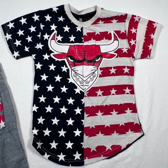 Red Ape Youth Size 8 Small Shorts and Shirt Set Bull Logo Red White Blue - Picture 6 of 9